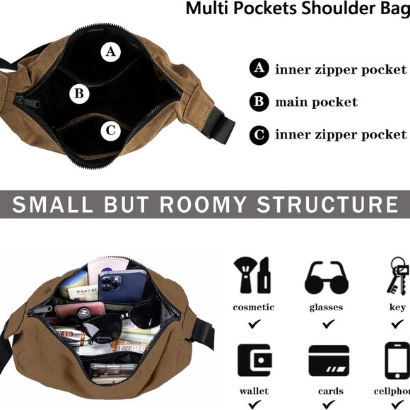 Nylon Crescent Shoulder Bag for Women Men,Crossbody Bag with Adjustable Strap&Du - Picture 3 of 7